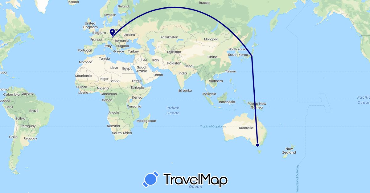 TravelMap itinerary: driving in Austria, Australia, Japan (Asia, Europe, Oceania)