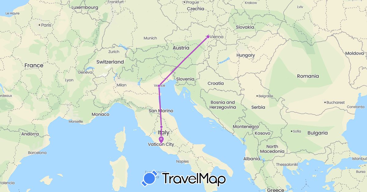 TravelMap itinerary: driving, train in Austria, Italy (Europe)