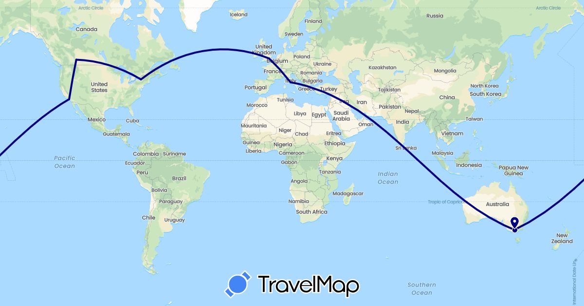TravelMap itinerary: driving in Australia, Canada, United Kingdom, Italy, United States (Europe, North America, Oceania)